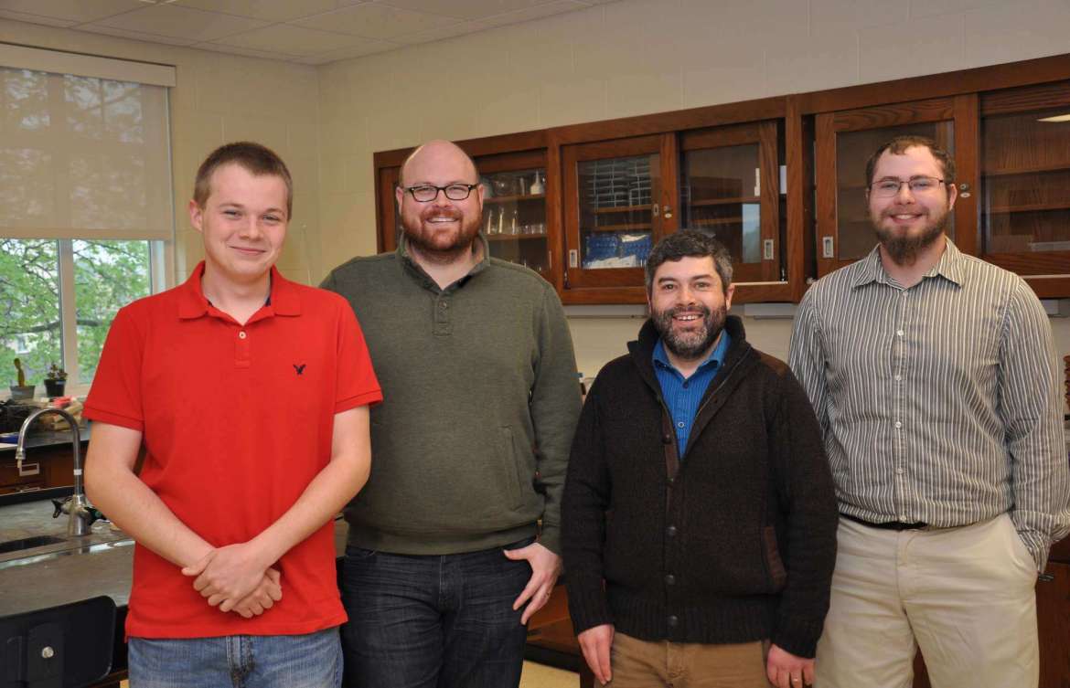 Three Shepherd University students have been awarded $4,500 undergraduate research fellowships grants from the NASA West Virginia Space Grant Consortium to work with a Shepherd professor to conduct research over the summer and during the next school year. Pictured, from left, are Marshall Hoffmaster, Hagerstown, Maryland; Dr. Jonathan Gilkerson, assistant professor of biology; Dr. Mark Lesser, assistant professor of biology; and Kyle Clark, Sterling, Virignia. Not pictured is Sierra Fowler, Hagerstown, Maryland.