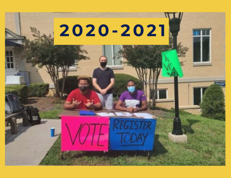 yellow background, photo of people in masks sitting at a voting table, above them reads "2020-2021"
