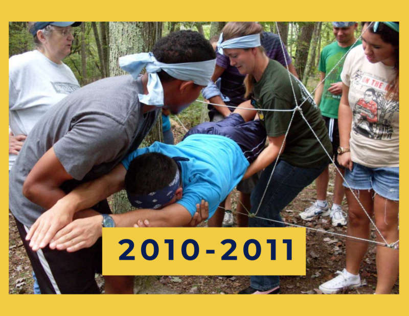 yellow background, in the center is a group of students participating in the ropes course, in the bottom middle reads "2010-2011"