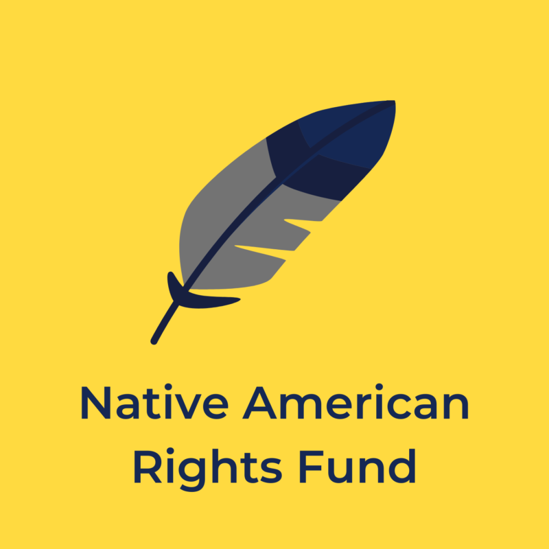 yellow background, in the center is a feather, and underneath reads "native american rights fund"
