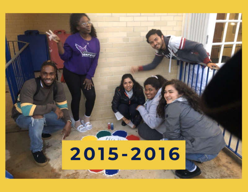 yellow background, in the center is an image of a group of students surrounding chalk art, and in the bottom center reads "2015-2016"