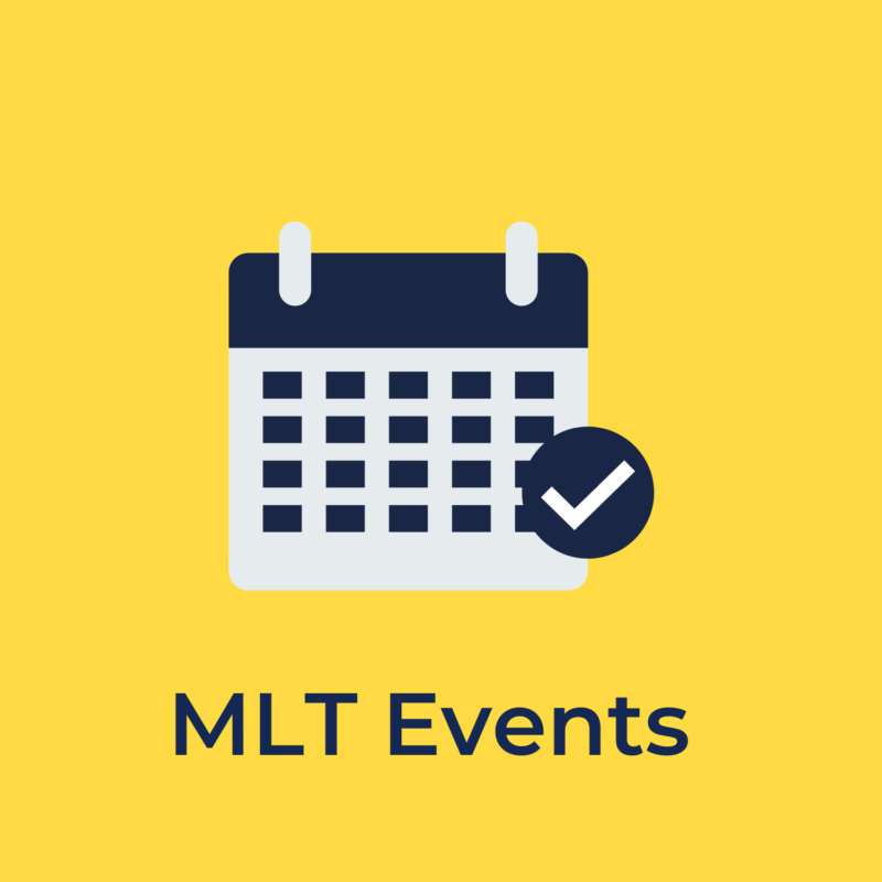 yellow background, in the center is a calendar, and below it reads "MLT events"