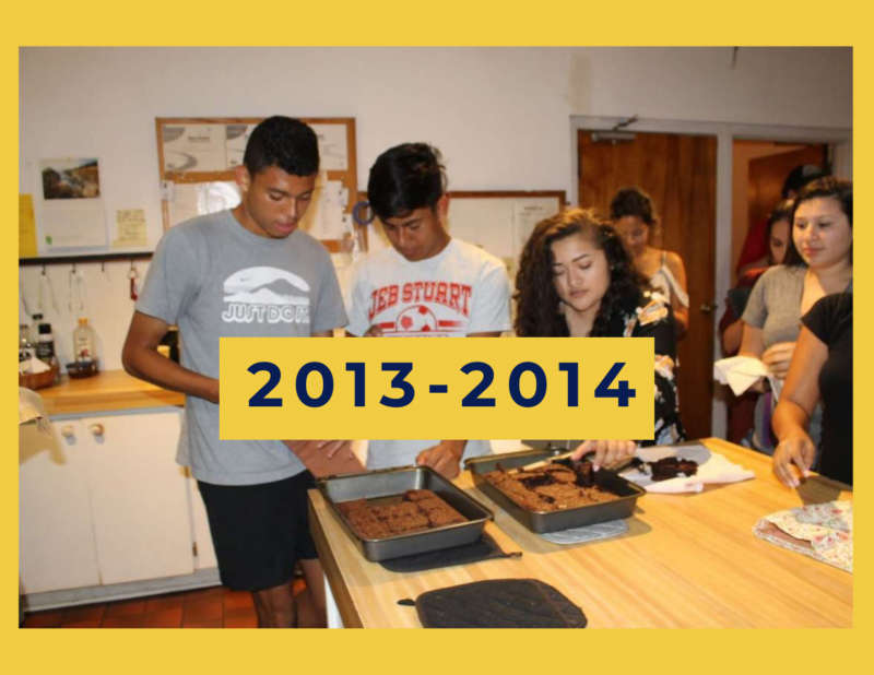 yellow background, in the center is a group of students serving food, and in the center reads "2013-2014"