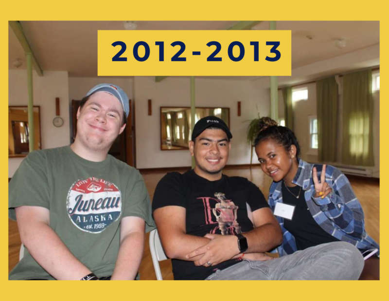 yellow background, in the center of the image is three students posing for the camera, and in the top center reads "2012-2013"