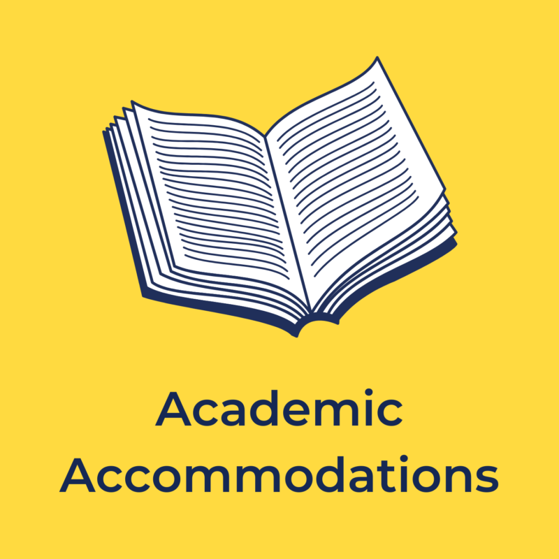 yellow background, in the center is a book that is open, and below it reads "academic accommodations"