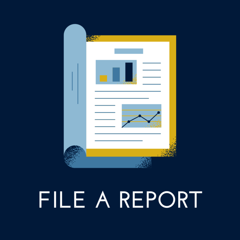 navy blue background, in the center is a business report, and below it reads "file a report"