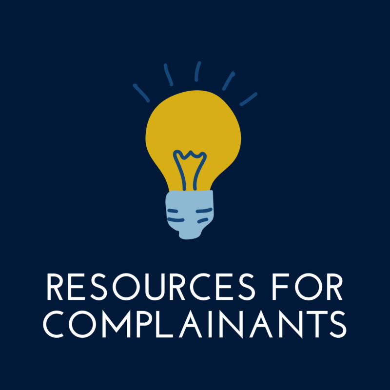 blue background, in the center is a lightbulb, it reads "resources for complainants" 