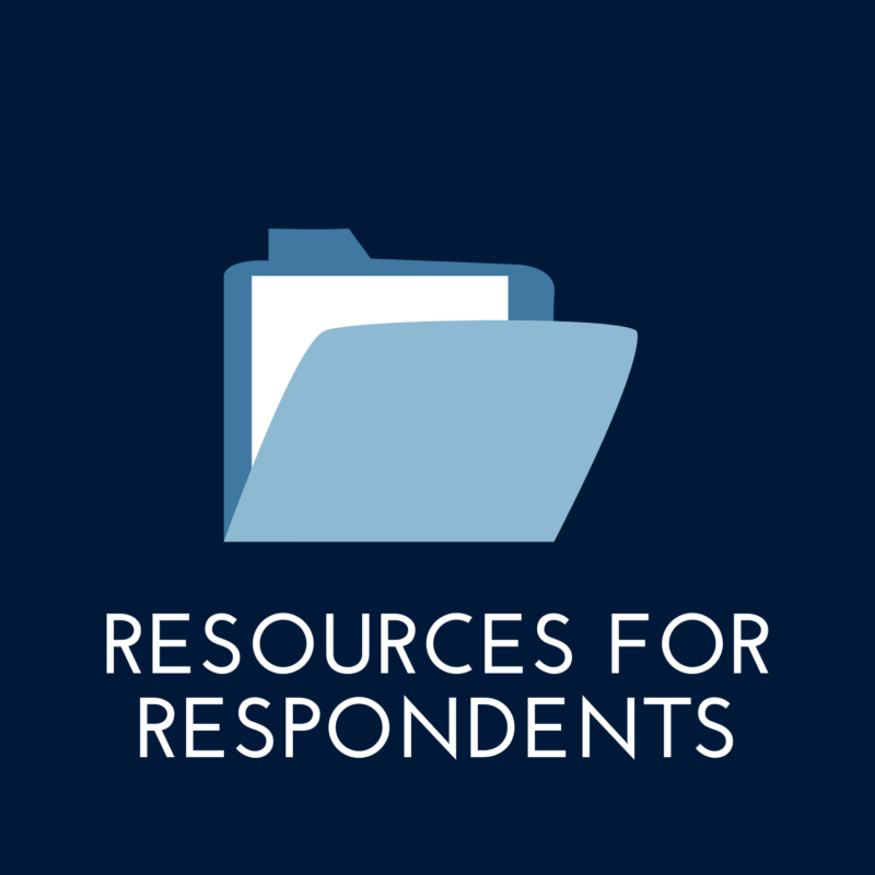blue background, in the center is a folder, it reads "resources for respondents"