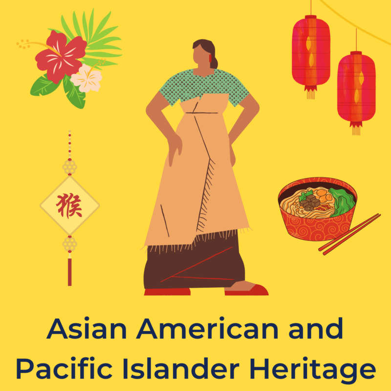 yellow background, in the center is a drawing of a pacific islander wearing traditional clothing, on the top left is a tropical flower, and beneath it is a sign with a chinese character on it, on the top right are red paper lanterns and below is a bowl of rice and vegetables next to chopsticks, and underneath reads "asian american and pacific islander heritage"