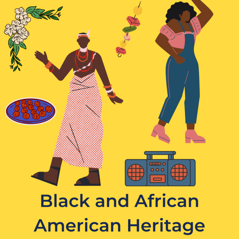 yellow background, on the top left is a flower with vines, and beneath is a plate of meatballs, and on the right of those is a african man wearing traditional african jewelry and robes, on the top left is a black women with an afro wearing overalls dancing, beside her on the right is a stick with meat and vegetables, and beneath her is a boom box. underneath the images reads "black and african american heritage"