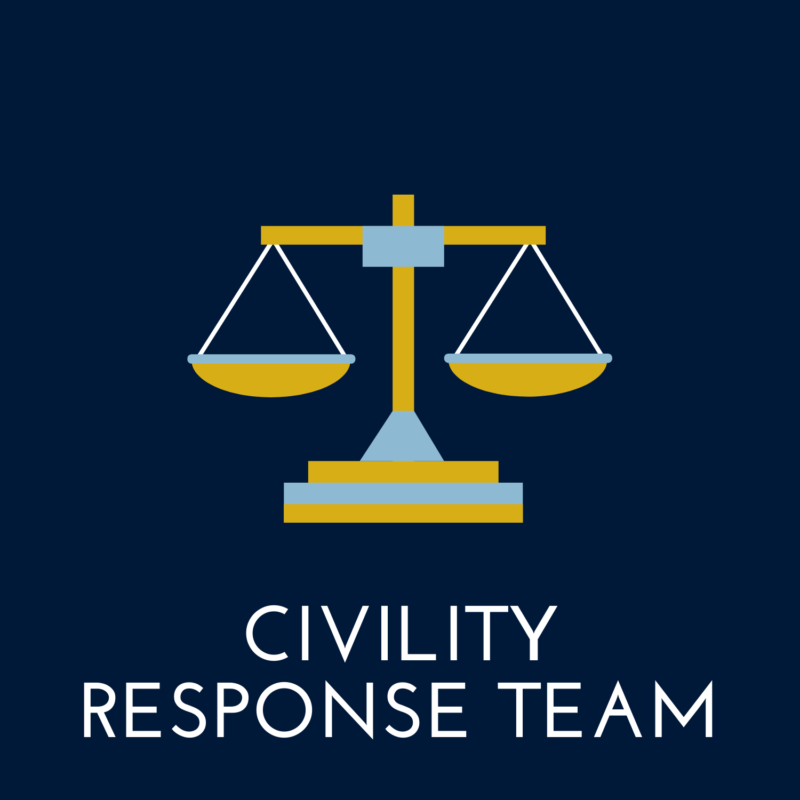blue background, in the center is a judicial scale, and it reads "civility response team"