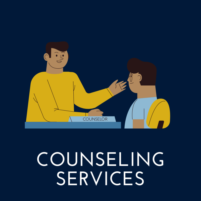 blue background, in the center is a counselor talking with a student, and it reads "counseling services"