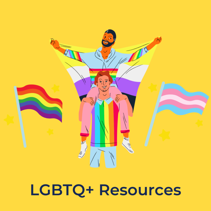 yellow background, in the center is a man wearing a rainbow shirt holding another person on his shoulders. that person is holding a queer flag behind him. on their left is a rainbow flag, and on their right is a trans flag. underneath reads "LGBTQ+ resources" 