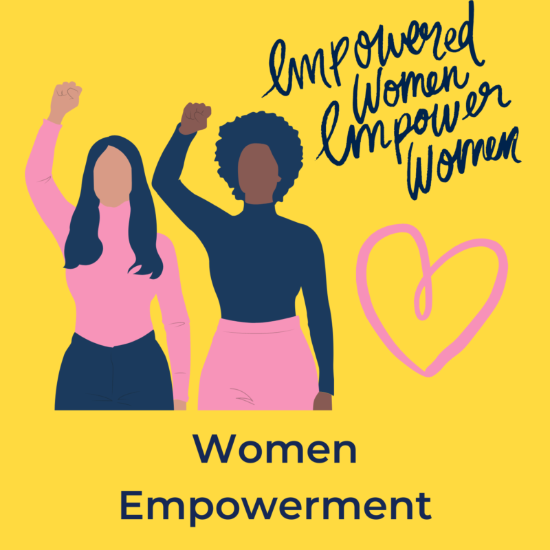 yellow background, on the left is two women pumping their fists in the air, on the top right reads "empowered women empower women" and beneath that is a pink heart. below the images reads "women empowerment"