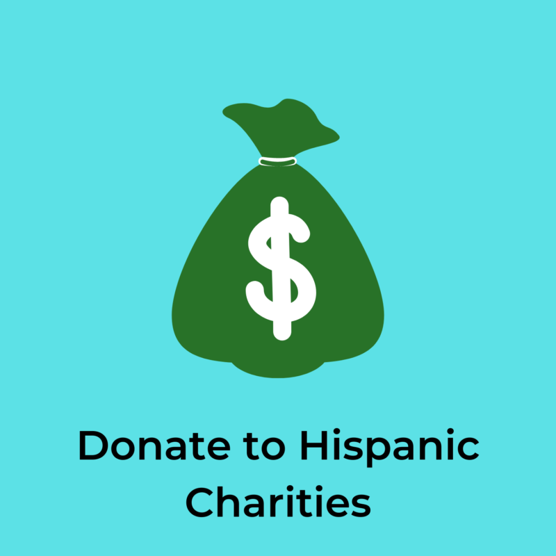 blue background, in the center is a bag of money, and beneath it reads "donate to hispanic charities"