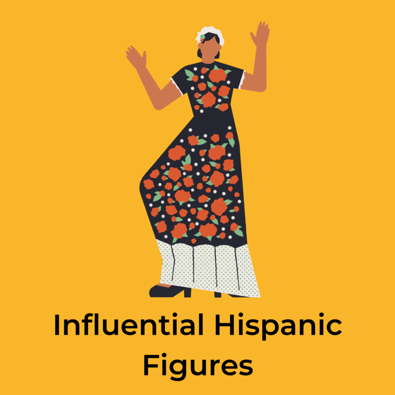 yellow background, in the center is a hispanic woman dancing in a traditional hispanic floral dress, underneath it reads "influential hispanic figures"