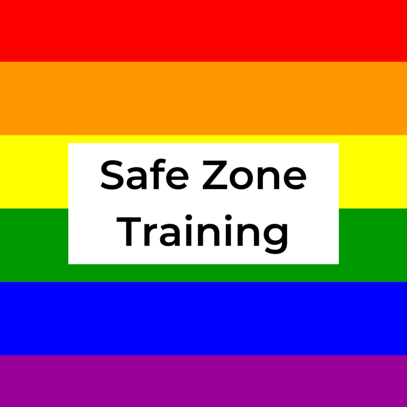 gay pride flag with a white rectangle at the center that reads "safe zone training"