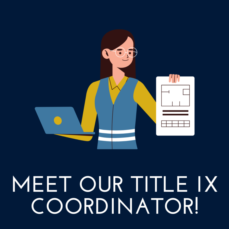 blue background, in the center is a woman holding a laptop and report, and underneath reads "meet our title nine coordinator"