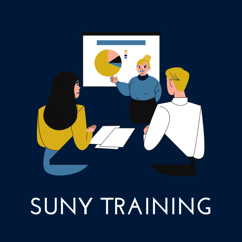 blue background, in the center is a person giving a presentation, and underneath reads "SUNY training"