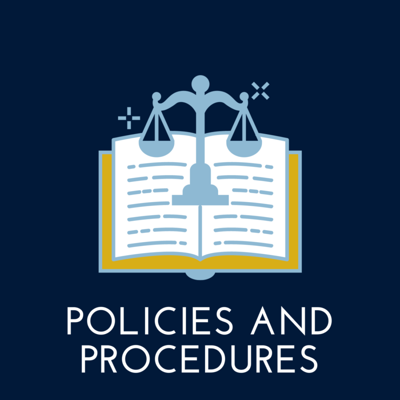 navy blue background, book in the center, reads "policies and procedures"