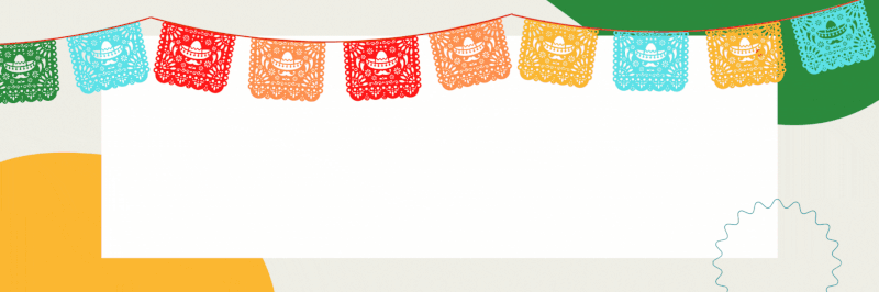 gray background, on the top right there is a green circle, on the bottom left there is a yellow circle. on the top strung across the image are papel picado decorations. in the center is a white rectangle. in the center rises up orange text that reads "celebrate hispanic heritage" and underneath swipes right to read "september 15 to october 15th"