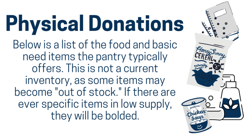 physical donations: Below is a list of the food and basic need items the pantry typically offers. This is not a current inventory, as some items may become "out of stock." If there are ever specific items in low supply, they will be bolded.