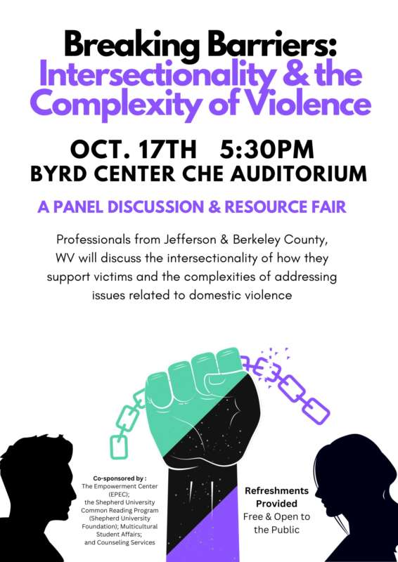 Flier advertising Oct. 17 panel discussion and resource fair. 5:30 pm at Byrd CHE auditorium. An image of a raised fist holding a broken chair and silhouettes of a man and a woman representing the fight against domestic violence.