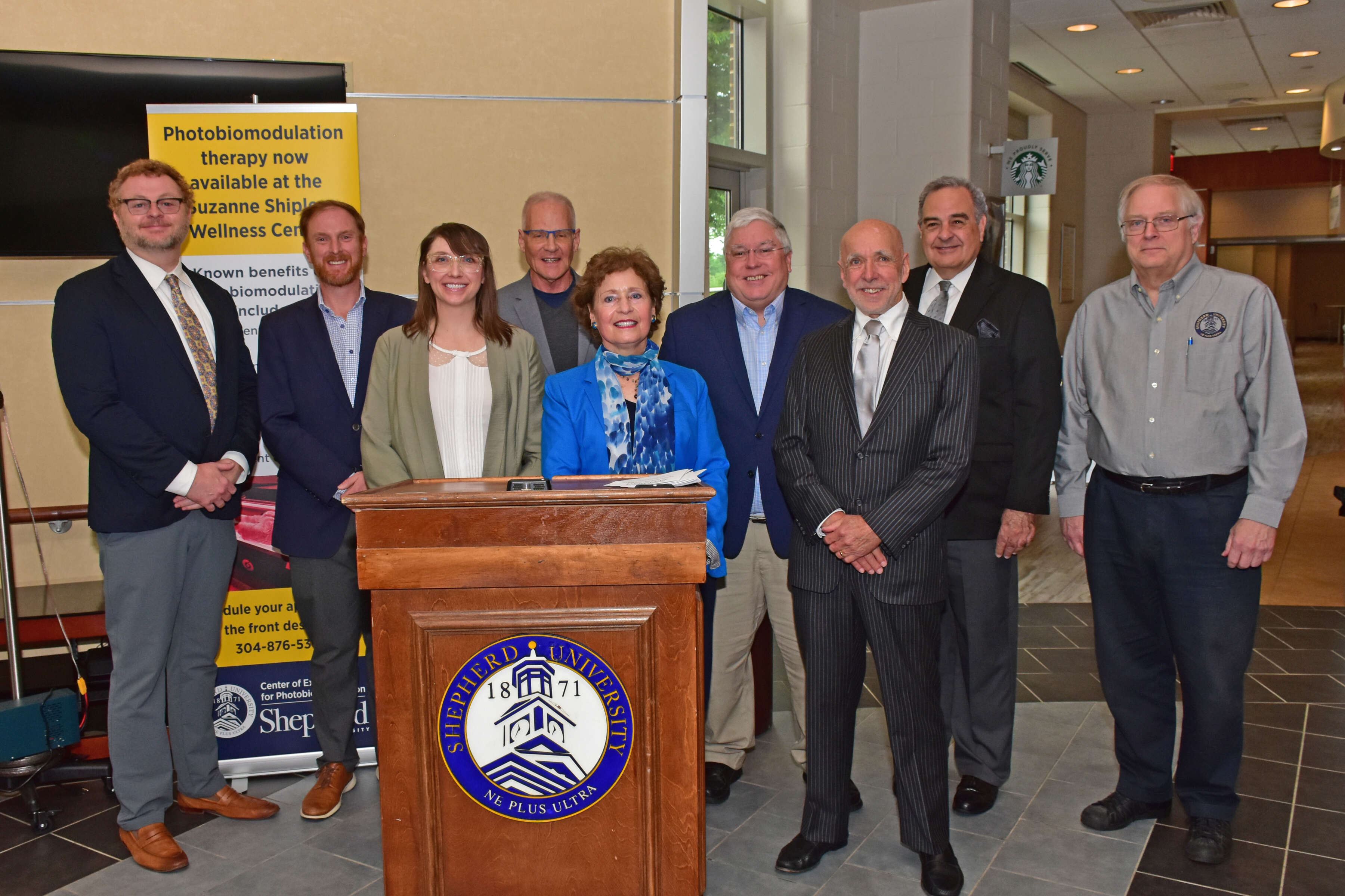 Pictured (l. to r.) are Matt Harvey, Jefferson County Prosecuting Attorney; John “JB” McCuskey, West Virginia auditor; Dr. Jennifer Flora, Suzanne Shipley Wellness Center director; Dr. Robert Bowen, PBM Foundation Board of Directors member; Dr. Mary J.C. Hendrix, Shepherd president; Patrick Morrisey, West Virginia attorney general; Dr. Donald Patthoff, PBM Foundation Board of Directors member; the Honorable Scot Faulkner, PBM Foundation Administrative Steering Committee member; and Dr. Ben Martz, dean, Shepherd’s College of Business, Recreation, and Education.
