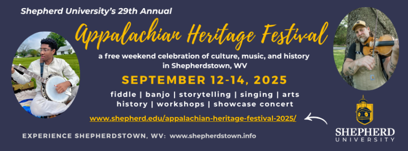 Appalachian Heritage Festival banner header with photo of Josh Jimmerson playing banjo and Ben Townsend playing fiddle