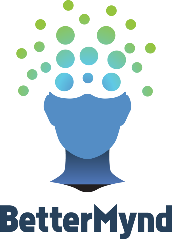 BetterMynd logo featuring a blue silhouette of a head and neck with green and blue circles above it representing thoughts and the word BetterMynd in bold dark blue letters with a stylized M resembling an upward arrow