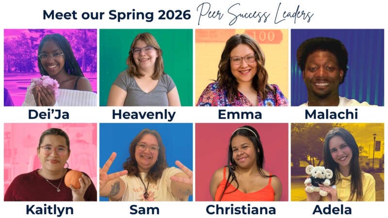 At the top is text stating "Meet our Spring 2026 Peer Success Leaders" There is a top and bottom row, each featuring 4 images of students with a color blocked background above their name. First on the top row is Dei'Ja against a pink background. From Left to Right beside Dei'Ja is Heavenly against a green background, Emma against a Peach background, and Malachi against a navy background. On the bottom row, from Left to Right is Kaitlyn against a blush background, Sam against a light blue background, Christiana against a Red background, and Adela holding a Ram stuffed animal against a yellow background.
